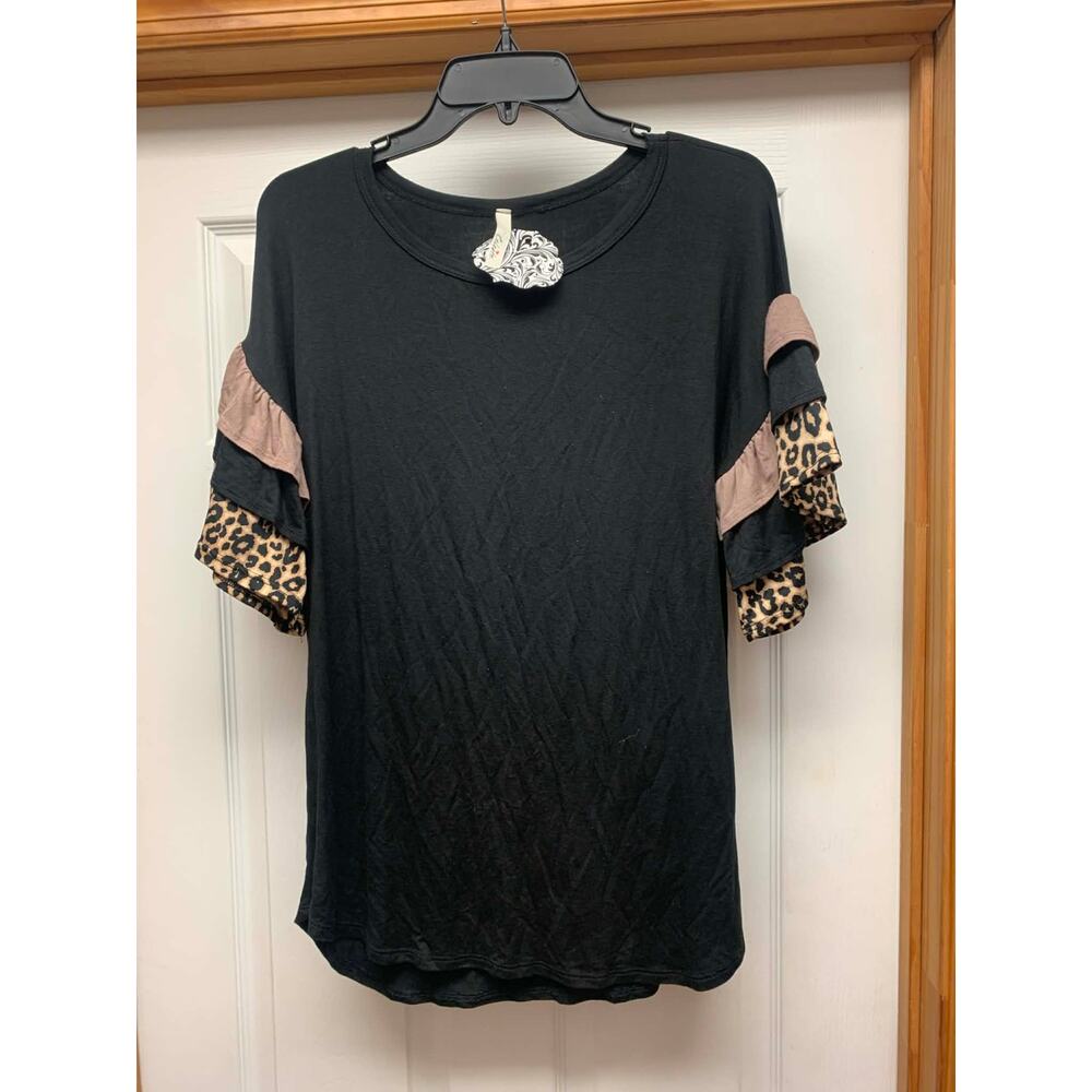 Celeste Black Top Small Leopard Ruffle Sleeve Colorblock Blouse Rayon Spandex